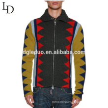 Latest sweater designs jacquard ugly lapel zipper up wool sweater for men